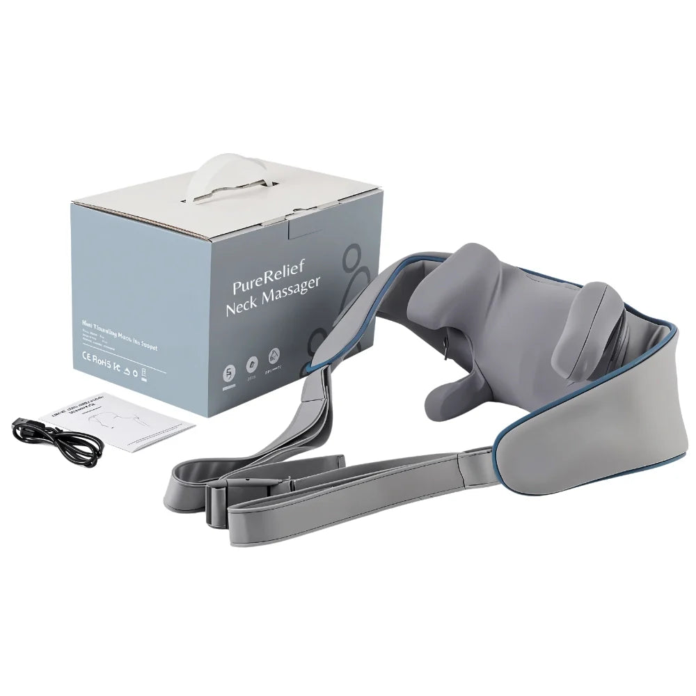 Grey knee massager with box and cable for neck pain relief