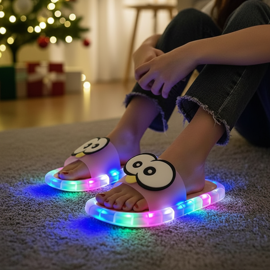 👀LED Cartoon Slippers – Vibrant Light-Up Sole & Cute Penguin Design – Flexible PVC & Easy Slip-On 🏠