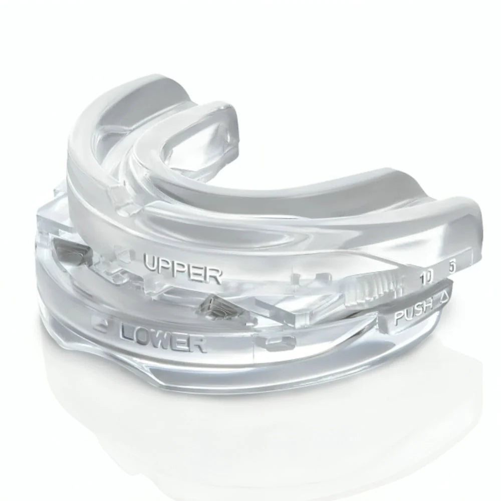 Clear mandibular advancement device displayed in side profile for sleep support