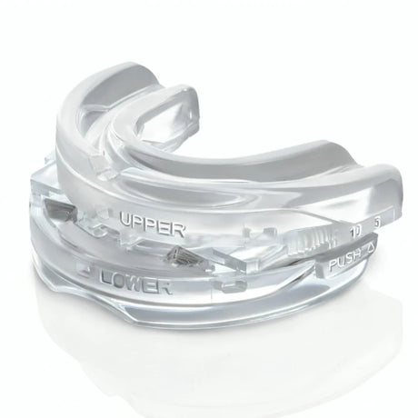 Clear mandibular advancement device displayed in side profile for sleep support