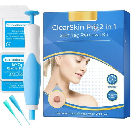 ClearSkin Pro Auto Skin Tag Remover tool with applicator pen and bands for easy at-home skin tag removal