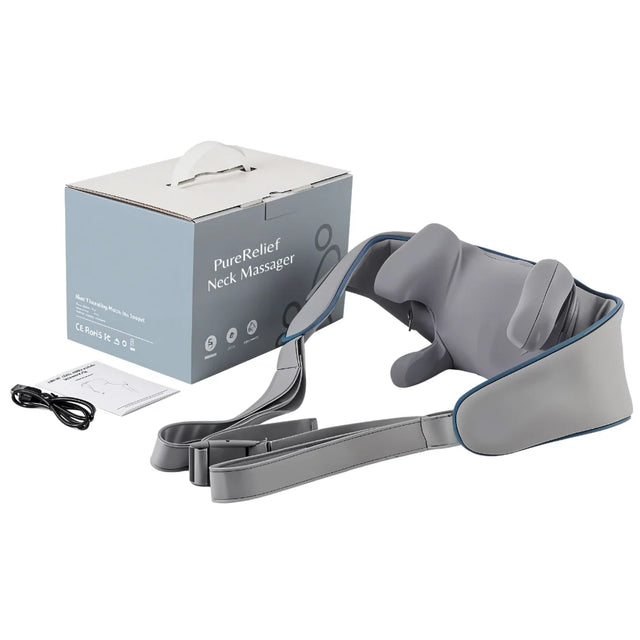 Grey knee massager with box and cable for neck pain relief